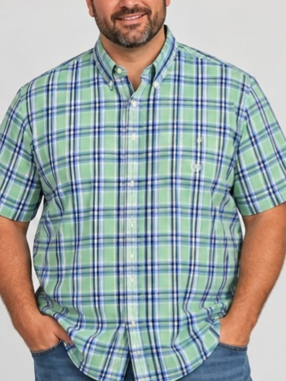 Chaps Green and Blue Plaid Short-Sleeve Button-Down Shirt